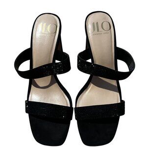 JLO Jennifer Lopez Ericka Black Heeled Sandals Two-Strap Square Toe size 7